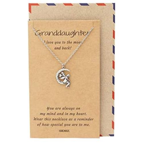 Quan Jewelry Handcrafted Grandmother Granddaughter Pendant Necklace, I Love You to the Moon and Back!, Meaningful Gifts from Grandmother, Inspirational Quote Greeting Card