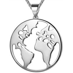 beautlace World Map Necklace Silver/18K Gold/Black Gun Plated Geometric Globe Earth Wanderlust Pendant Round Coin World Continents Travel Gifts for Men and Women