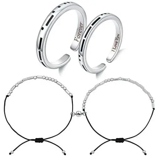 KnSam Adjustable Ring and Bracelet Set for Couples, Couple Bracelets Magnetic with I Love You Forever Engraving, Silver, Valentines Day Gifts (Morse Code Couple Bracelets and Couple Rings) KnSam Adjustable Ring and Bracelet Set for Couples, Couple Bracelets Magnetic with I Love You Forever Engraving, Silver, Valentines Day Gifts (Morse Code Couple Bracelets and Couple Rings)
