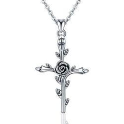EUDORA Sterling Silver''God Bless'' Vintage Christian Rose Cross Pendant Necklace Jewelry Gift for Women,18''