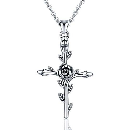 EUDORA Sterling Silver''God Bless'' Vintage Christian Rose Cross Pendant Necklace Jewelry Gift for Women,18''