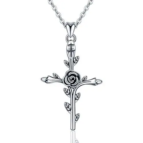 EUDORA Sterling Silver''God Bless'' Vintage Christian Rose Cross Pendant Necklace Jewelry Gift for Women,18''