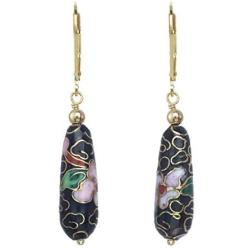 Black Cloisonne Enameled Floral Tear Drop Earrings made with 14 K Gold Plated Sterling Silver Lever back Ear Wires