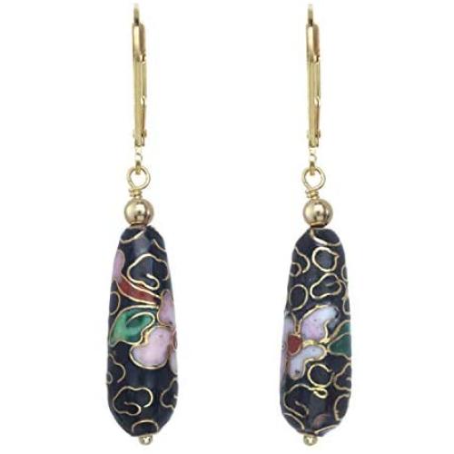 Black Cloisonne Enameled Floral Tear Drop Earrings made with 14 K Gold Plated Sterling Silver Lever back Ear Wires