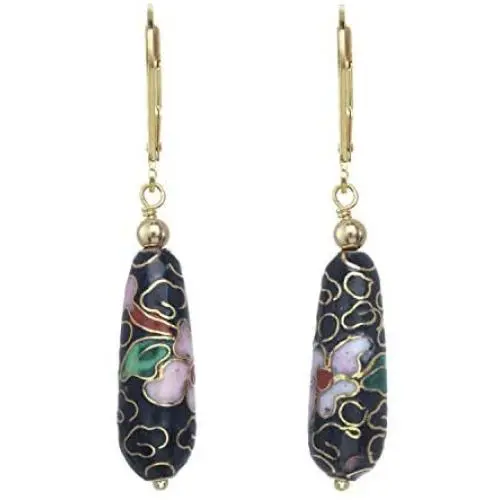Black Cloisonne Enameled Floral Tear Drop Earrings made with 14 K Gold Plated Sterling Silver Lever back Ear Wires