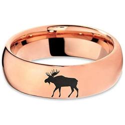 Elk Moose Walking Ring - Tungsten Band 8mm - Men - Women - 18k Rose Gold Step Bevel Edge - Yellow - Grey - Blue - Black - Brushed - Polished - Wedding - Gift Dome Flat