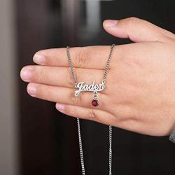 QeenseKc Name Necklace Personalized Necklace with Red Birthstone Script Initial Customized Stainless Steel Jewelry for Women Sturdy Cuban Link Chain