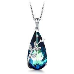 T400 Jewelers Tree of Life Leaves Waterdrop Necklace with Blue/Purle Crystal Jewelry for Women Birthday Gift