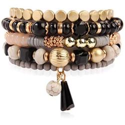 RIAH FASHION Bohemian Mix Bead Multi Layer Versatile Statement Bracelets - Stackable Beaded Strand Stretch Bangles Sparkly Crystal, Tassel Charm