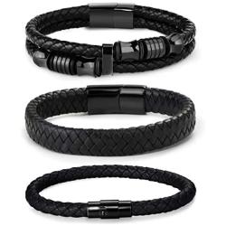 FIBO STEEL 3 PCS Magnetic-Clasp Leather Bracelets for Men Wrap Braided Leather Bracelets Wrist Cuff Bangle 8.0-8.5 Inch