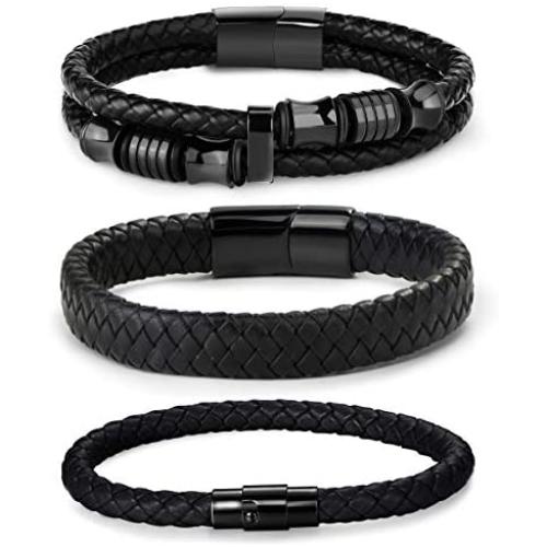 FIBO STEEL 3 PCS Magnetic-Clasp Leather Bracelets for Men Wrap Braided Leather Bracelets Wrist Cuff Bangle 8.0-8.5 Inch