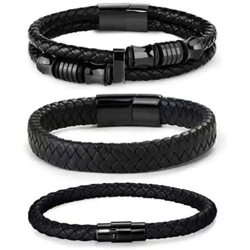 FIBO STEEL 3 PCS Magnetic-Clasp Leather Bracelets for Men Wrap Braided Leather Bracelets Wrist Cuff Bangle 8.0-8.5 Inch FIBO STEEL 3 PCS Magnetic-Clasp Leather Bracelets for Men Wrap Braided Leather Bracelets Wrist Cuff Bangle 8.0-8.5 Inch