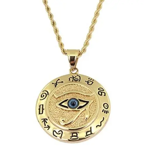 Moca Jewelry Hip-Hop Ancient Egyptian Horus Eye Pendant Stainless Steel Chain Rhinestone Crystal Necklace for Men Women