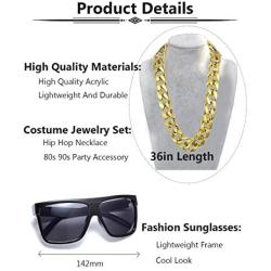 VALIJINA 80s 90s Hip Hop Costume Jewelry for Women Men Gold Acrylic Chain Necklace Sunglasses Rapper Punk Style Costume Kit