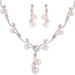 EleQueen Womens Cubic Zirconia Simulated Pearl Flower Filigree Bridal Necklace Earrings Jewelry Set Ivory Color
