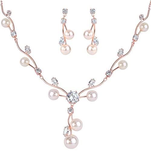 EleQueen Womens Cubic Zirconia Simulated Pearl Flower Filigree Bridal Necklace Earrings Jewelry Set Ivory Color