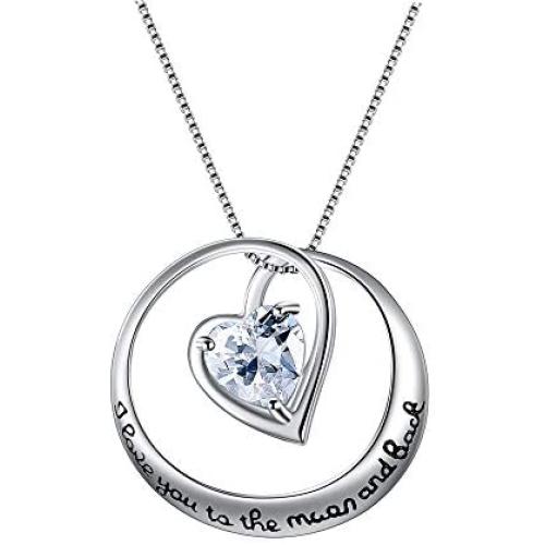 EVER FAITH 925 Sterling Silver CZ Simple''I Love You to the Moon and Back'' Heart Pendant Necklace