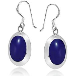 Simple Oval Shaped Simulated Blue Lapis-Lazuli Inlay on .925 Sterling Silver Dangle Earrings