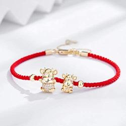 2021 Year of Ox Red String Bracelet Chinese Zodiac Animal Birth Year Lucky Charm Bracelet Ajustable Red Rope String Wristband Handmade Braid Aumlet Bracelet New Year Jewelry Gifts (2OX)