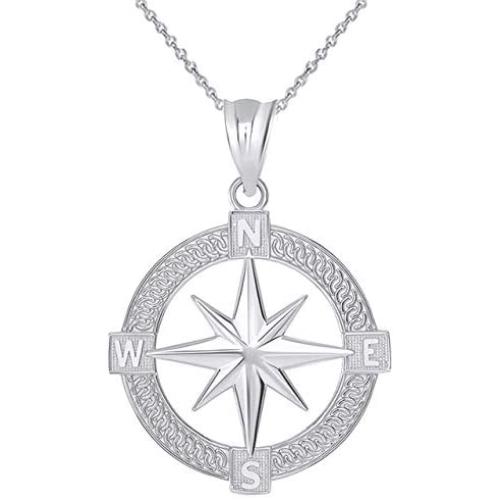 Nautical Jewelry Sterling Silver Round North Star Compass Adventures Pendant Necklace