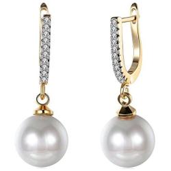 Elegant 18K Gold Diamond Cubic Zirconia Pearl Drop Dangle Earrings For Women Girls Wedding Studs Leverback