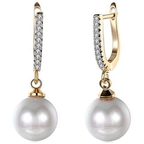 Elegant 18K Gold Diamond Cubic Zirconia Pearl Drop Dangle Earrings For Women Girls Wedding Studs Leverback
