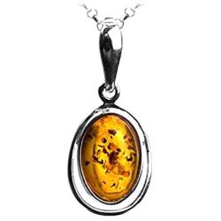 Sterling Silver Amber Oval Chain Pendant Necklace 18 Inches