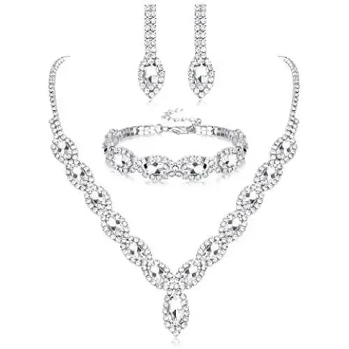 Thunaraz Crystal Bridal Jewelry Set Crystal Necklace and Earrings with Crystal Bracelet for Women Jewelry Set Gifts fit