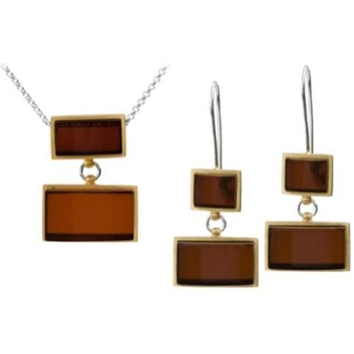 Cherry Amber Sterling Silver Modern Earrings Pendant Necklace Chain 18 Inches
