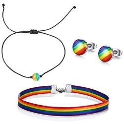 VNOX Gay Pride Rainbow Jewelry Set Rainbow Choker Rope String Bracelets Necklace Earrings for Gay Lesibian LGBTQ