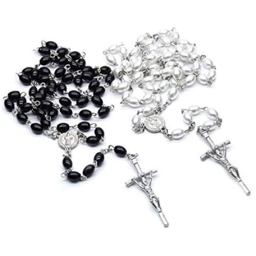 2 Pcs Rosary Bead Cross Catholic Necklace Set（Black and White） with Jesus Crucifix, Multicolor Rose Necklace Jewelry Rosary Beads Catholic Gifts