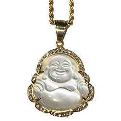 Shop-iGold Laughing Buddha White Jade Iced Diamond Pendant Gold P Rope Chain Necklace14k Genuine Certified Grade A Jadeite Jade Hand Crafted, Natural Green Obsidian Healing Mala Statue Prayer Buddha