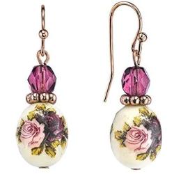 1928 Jewelry Rose Gold Tone Purple Crystal Bead Flower Drop Earrings