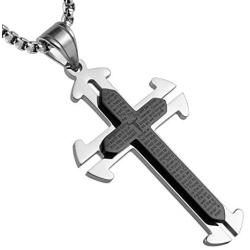 HZMAN Mens Carved Jesus Christ Crucifix Cross Lords Prayer Stainless Steel Pendant Necklace