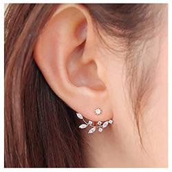 Elensan Rose Gold Leaf with Cz Crystal Ear Cuff Jacket Front Back Stud Earring for Woman Girls