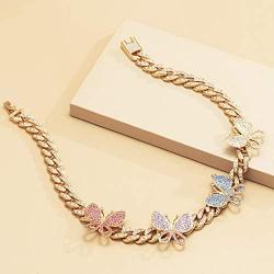 yfstyle Cuban Link Chain for Women Girls Chunky Rhinestone Hip Hop Necklace Iced Out Butterfly Choker Gold Plated Rappers Necklaces Valentine’s Day Gift for Girlfriend