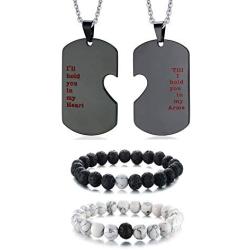 XUANPAI Stainless Steel Matching Puzzle Dog Tag Necklace&His and Hers Yin Yang Distance Beads Bracelet
