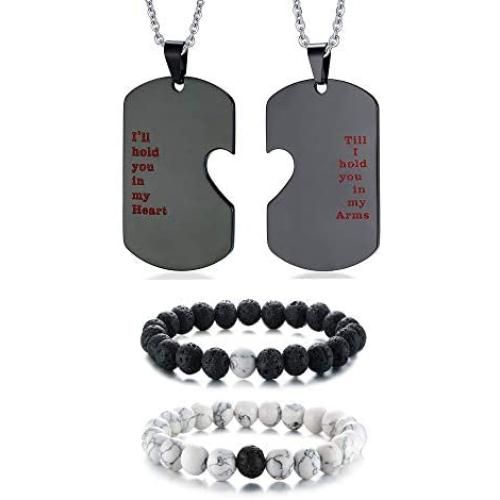 XUANPAI Stainless Steel Matching Puzzle Dog Tag Necklace&His and Hers Yin Yang Distance Beads Bracelet