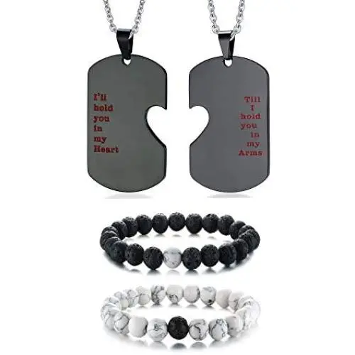 XUANPAI Stainless Steel Matching Puzzle Dog Tag Necklace&His and Hers Yin Yang Distance Beads Bracelet