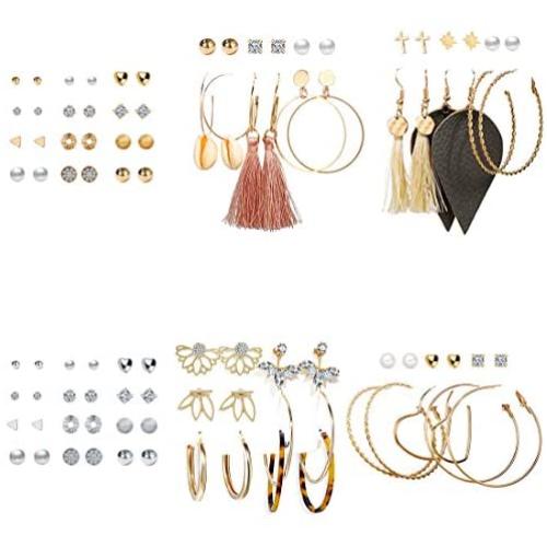 48 Pairs Fashion Drop Dangle Earrings for Women Girls Bohemian Pearl Stud Earrings Acrylic Hoop Tassel Earrings Leather Leaf Earrings Set Jewelry Birthday Party Gift