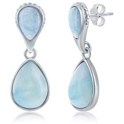 925 Sterling Silver Rhodium Plated High Polished Double Pear-Shaped Natural Caribbean Larimar Gemstone Dangling Earrings
