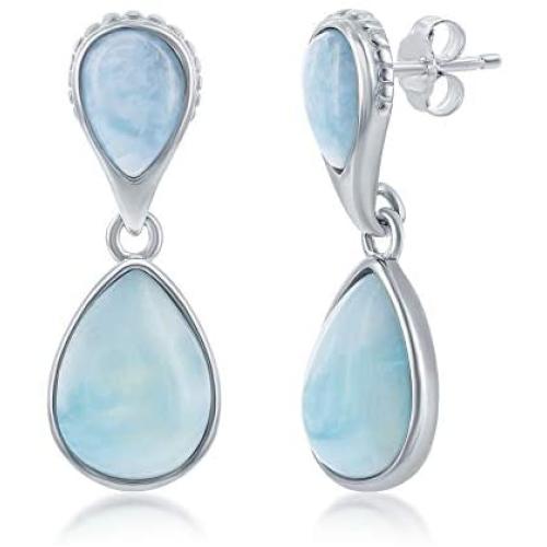 925 Sterling Silver Rhodium Plated High Polished Double Pear-Shaped Natural Caribbean Larimar Gemstone Dangling Earrings