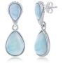 925 Sterling Silver Rhodium Plated High Polished Double Pear-Shaped Natural Caribbean Larimar Gemstone Dangling Earrings