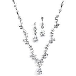 Mariell Cubic Zirconia Vine Wedding Necklace and Earrings Jewelry Set for Brides, Silver Platinum Finish