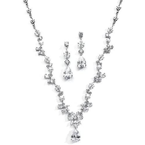 Mariell Cubic Zirconia Vine Wedding Necklace and Earrings Jewelry Set for Brides, Silver Platinum Finish