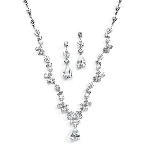 Mariell Cubic Zirconia Vine Wedding Necklace and Earrings Jewelry Set for Brides, Silver Platinum Finish Mariell Cubic Zirconia Vine Wedding Necklace and Earrings Jewelry Set for Brides, Silver Platinum Finish
