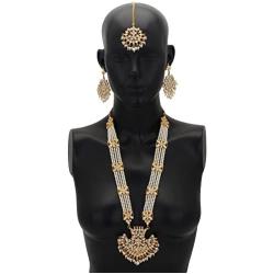 Jwellmart Womens Diva Collection White Kundan Stone Faux Pearl Rani Haar Necklace Earrings Set