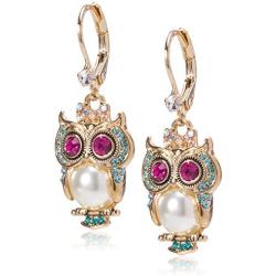 Betsey Johnson Pearl Critters Owl Drop Earrings