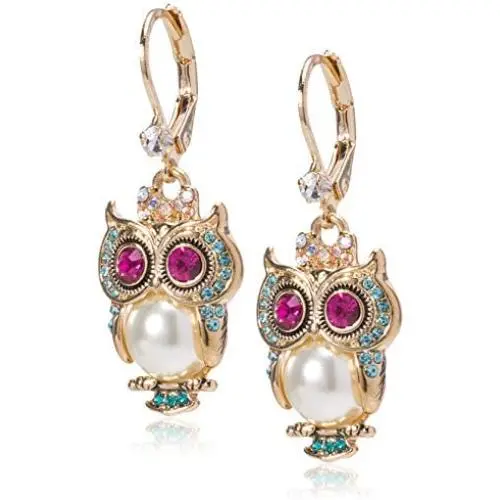 Betsey Johnson Pearl Critters Owl Drop Earrings