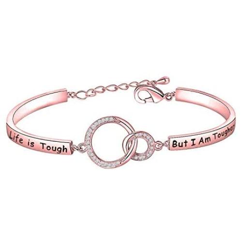 MAOFAED Cancer Survivor Gift Cancer Fighter Gift Life is Tough But I am Tougher Cancer Awareness Inspirational Gift Awareness Ribbon Charm Cancer Survivor Bracelet for Her